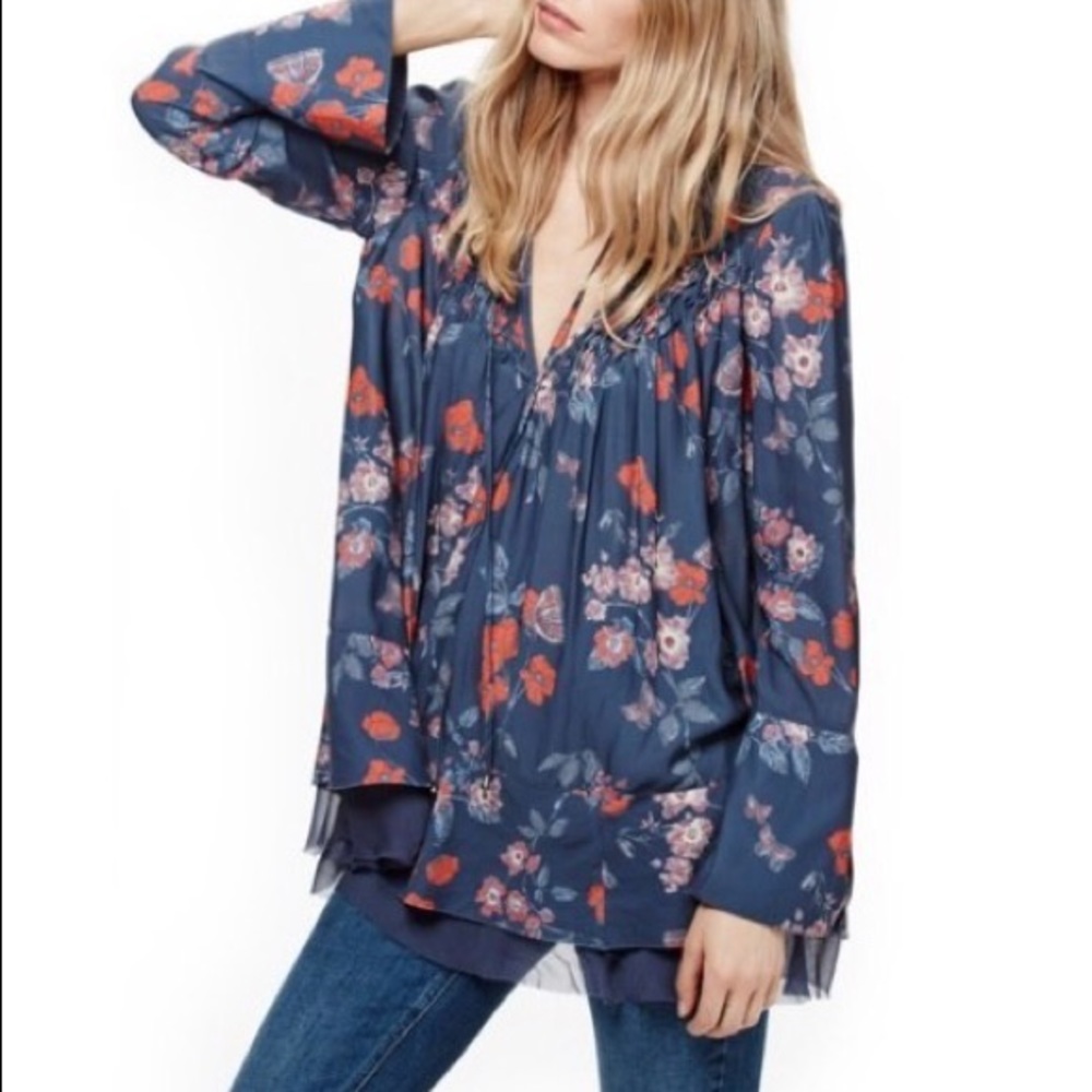 Free People Floral Print Navy Smocked Tunic